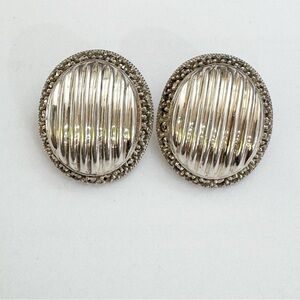 Vintage Rare Judith Jack Sterling Marcasite Sterling Oval Ribbed Omega Earrings